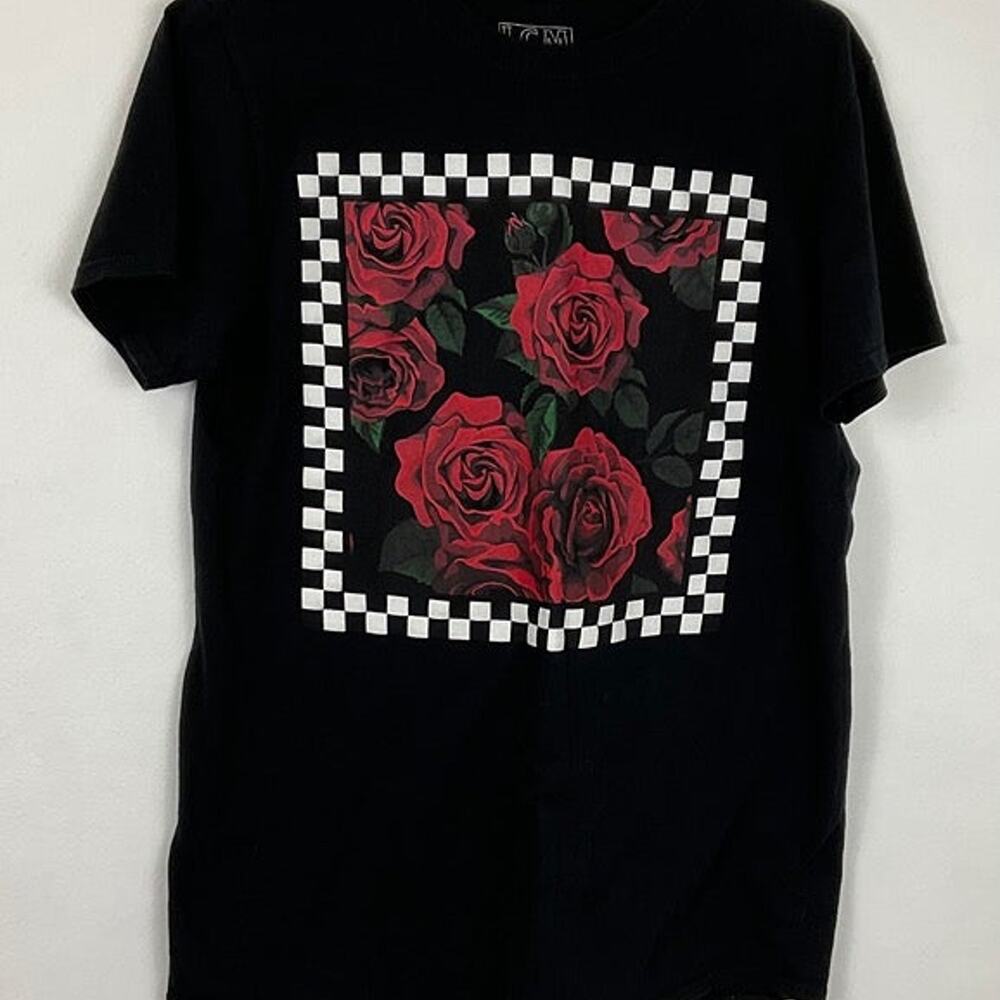 LCM International Mens Rose Graphic T-Shirt Black Checkered Floral Print Size M